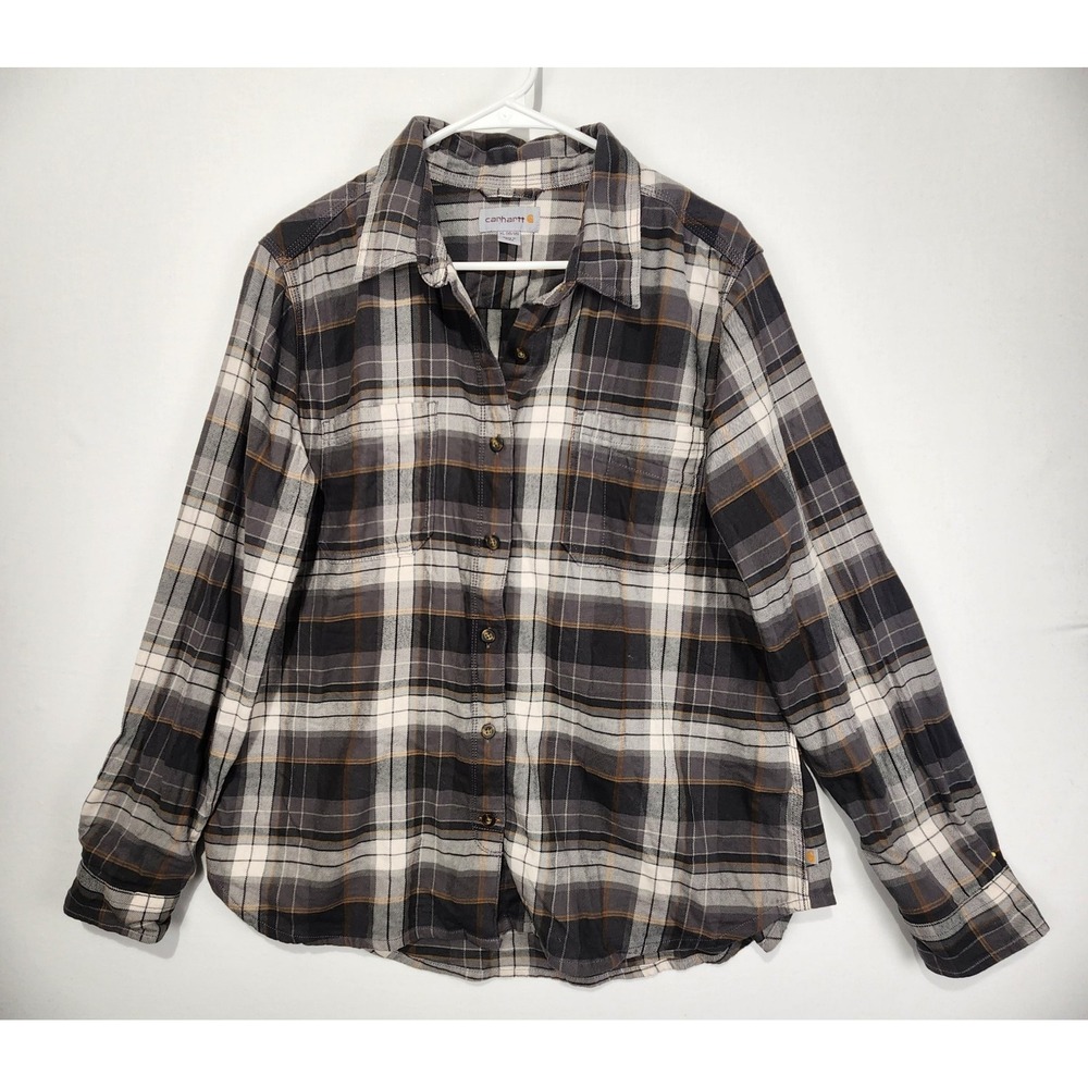Carhartt Men's Flannel Button-Up Plaid Shirt Gray/White Size XL (16/18)